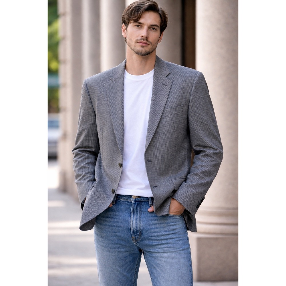 Ralph‎ Lauren Wool Blazer 42L Houndstooth Gray Sport Coat Old Money Academia